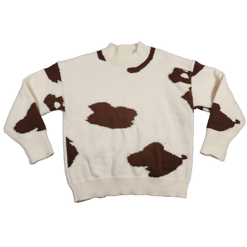 Isalis Women's Brown Cow Print Mock Neck‎ Long Sleeve Plush Cozy Sweater Sz S